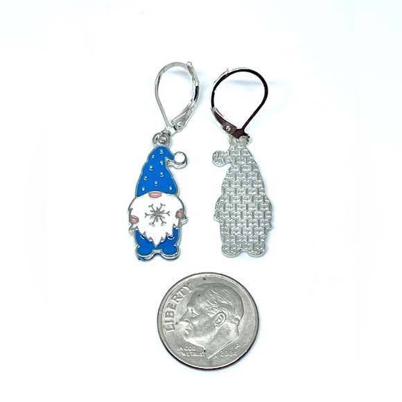 Winter Gnome Blue White Enamel Silver Snowflake Polka Dots Leverback Earrings - Picture 4 of 4